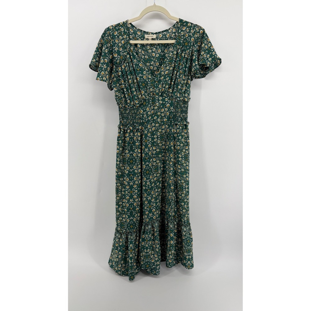 Max Studio Women S‎ Midi Dress Green Floral V-Neck Smocked Waist Ruffle Boho